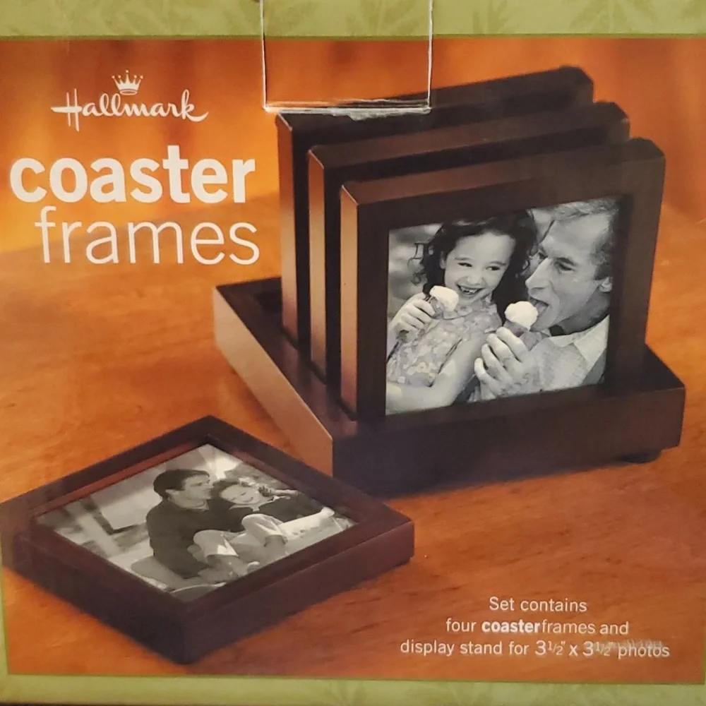 Vintage Hallmark Coaster Frames with Display Stand 2003 Wood Glass